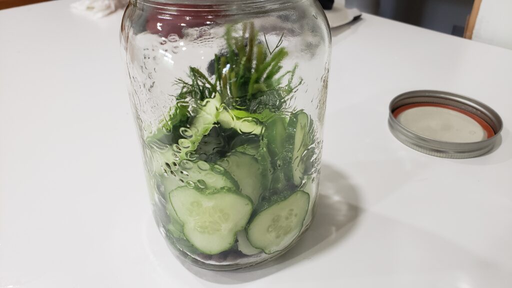a mason jar is filled with allspice, fresh dill and some sliced cucumbers