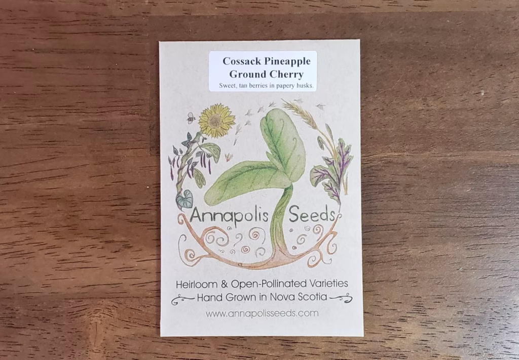 A seed packet for Cossack Pineapple Ground Cherry by Annapolis Seeds sits on a table