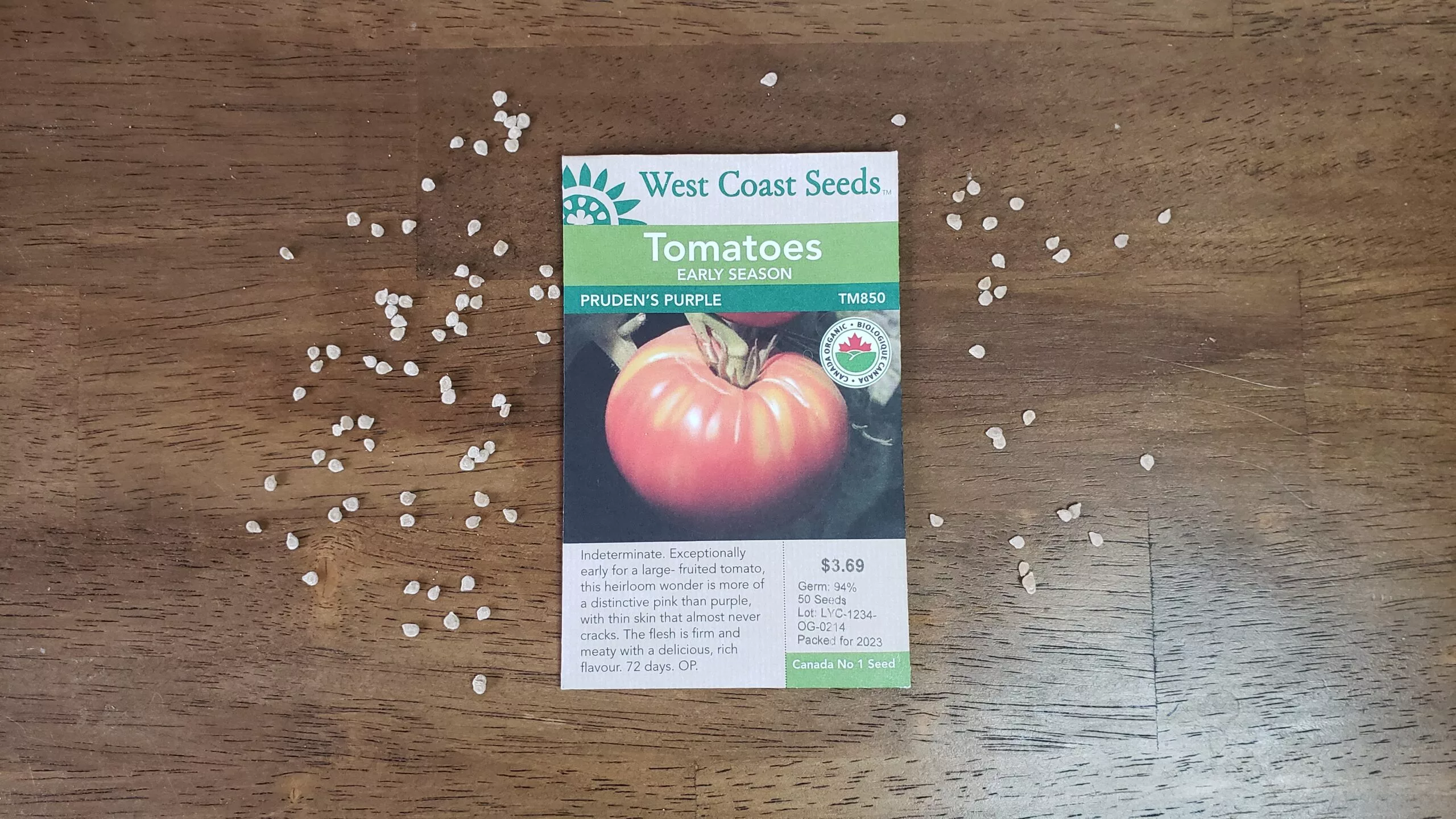 a seed package of tomato seeds