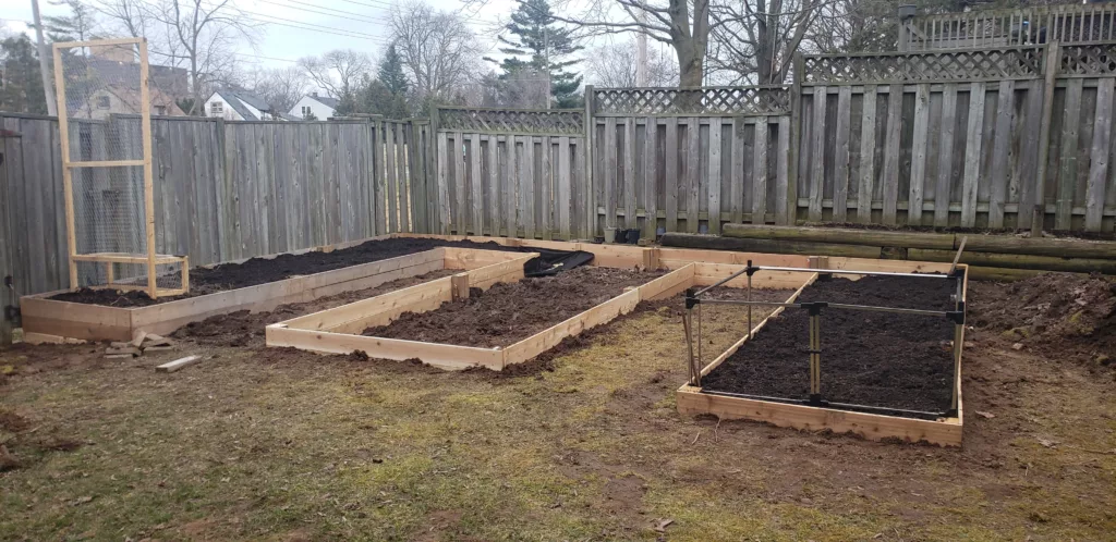 a large semi-raised bed is being built and filled with garden soil