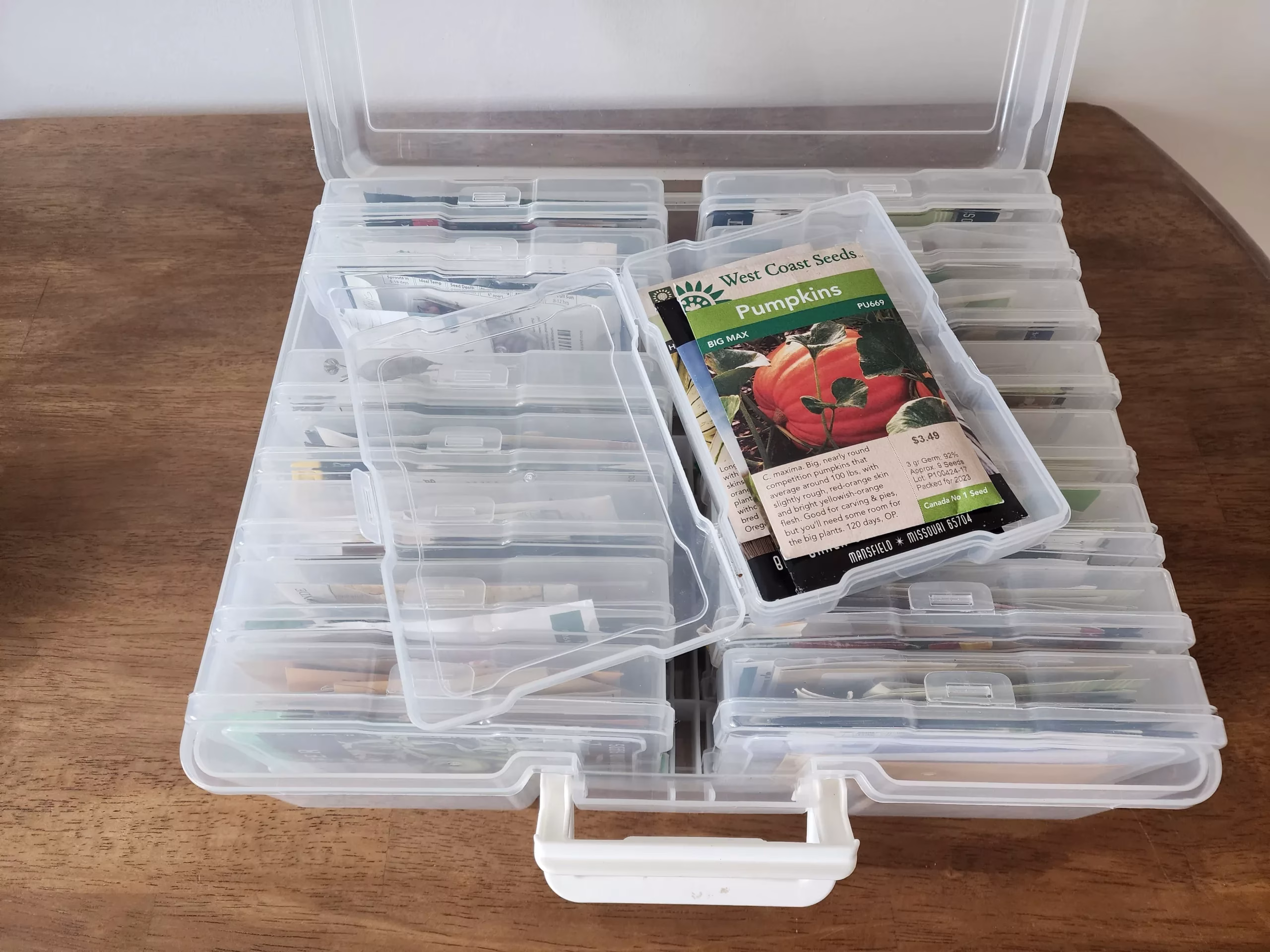 a 4x6 photo organizer is filled with seed packets. A West Coast Seeds Big Max Pumpkin seed packet sits on top