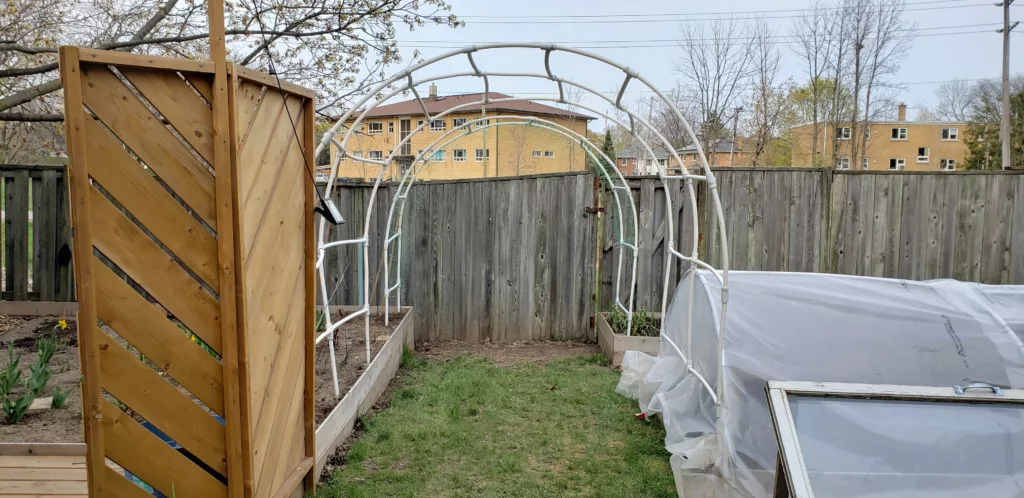 a backyard lawn pathway leads towards a fence. Plastic pex pipe has been shaped into trellises surrounding the lawn