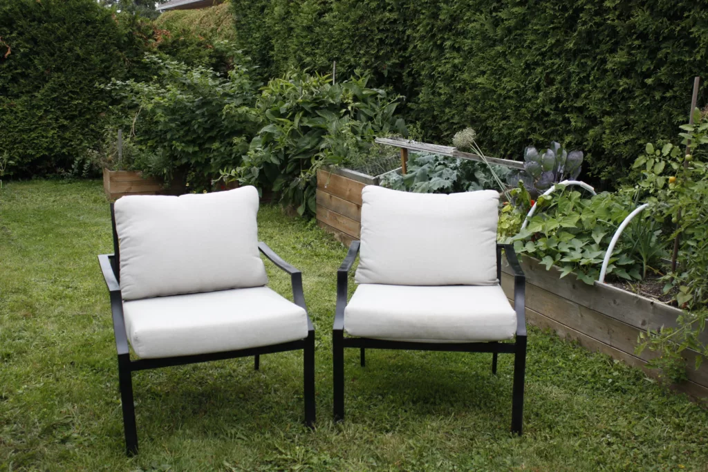two chairs sit in the middle of a mowed lawn. They are metal chairs painted black with white cushion seats and backrests